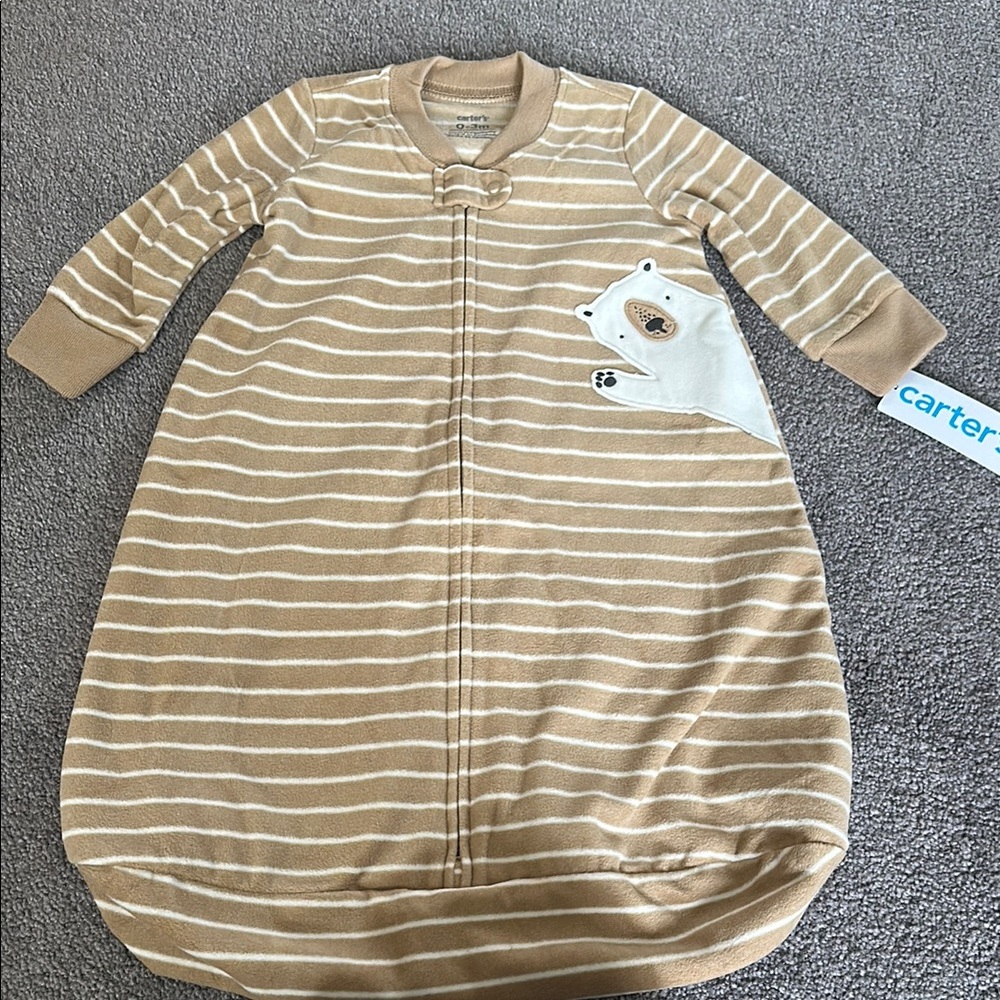 Carter's Tan and White Striped Baby Sleep Sack with Bear Pocket